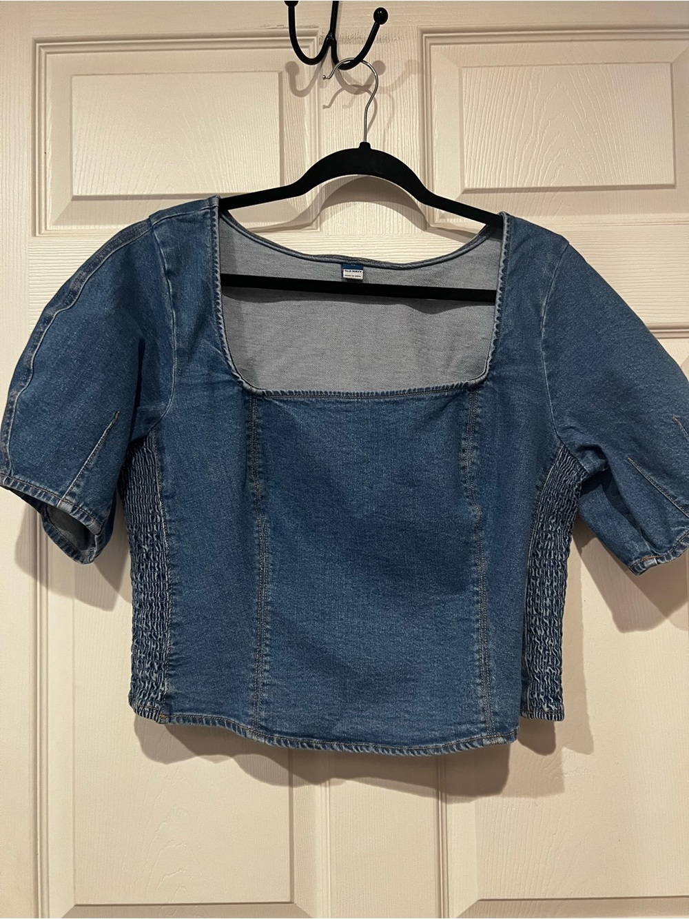 Denim Square-Neck Short Sleeve Top - Blue Cropped XL